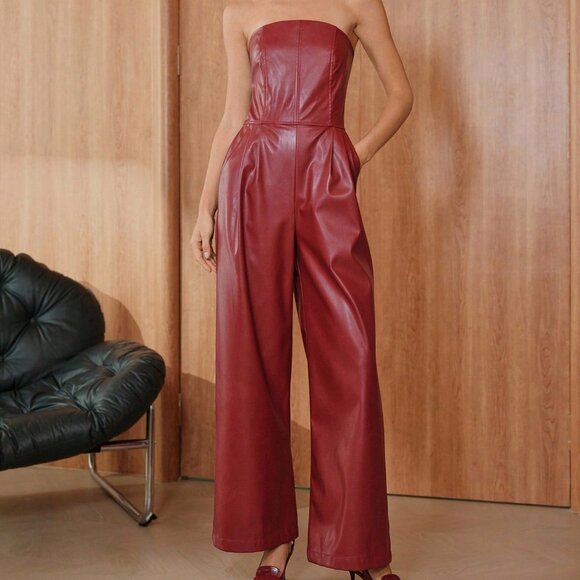 Red Party Women's Elegant Casual Bandeau Wide Leg Jumpsuits - Picture 3 of 7